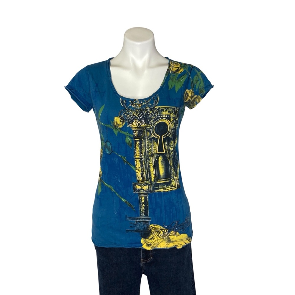 ARCHAIC BY AFFLICTION Y2K Graphic Tee Roses Lock Key Short Sleeve Blue Large